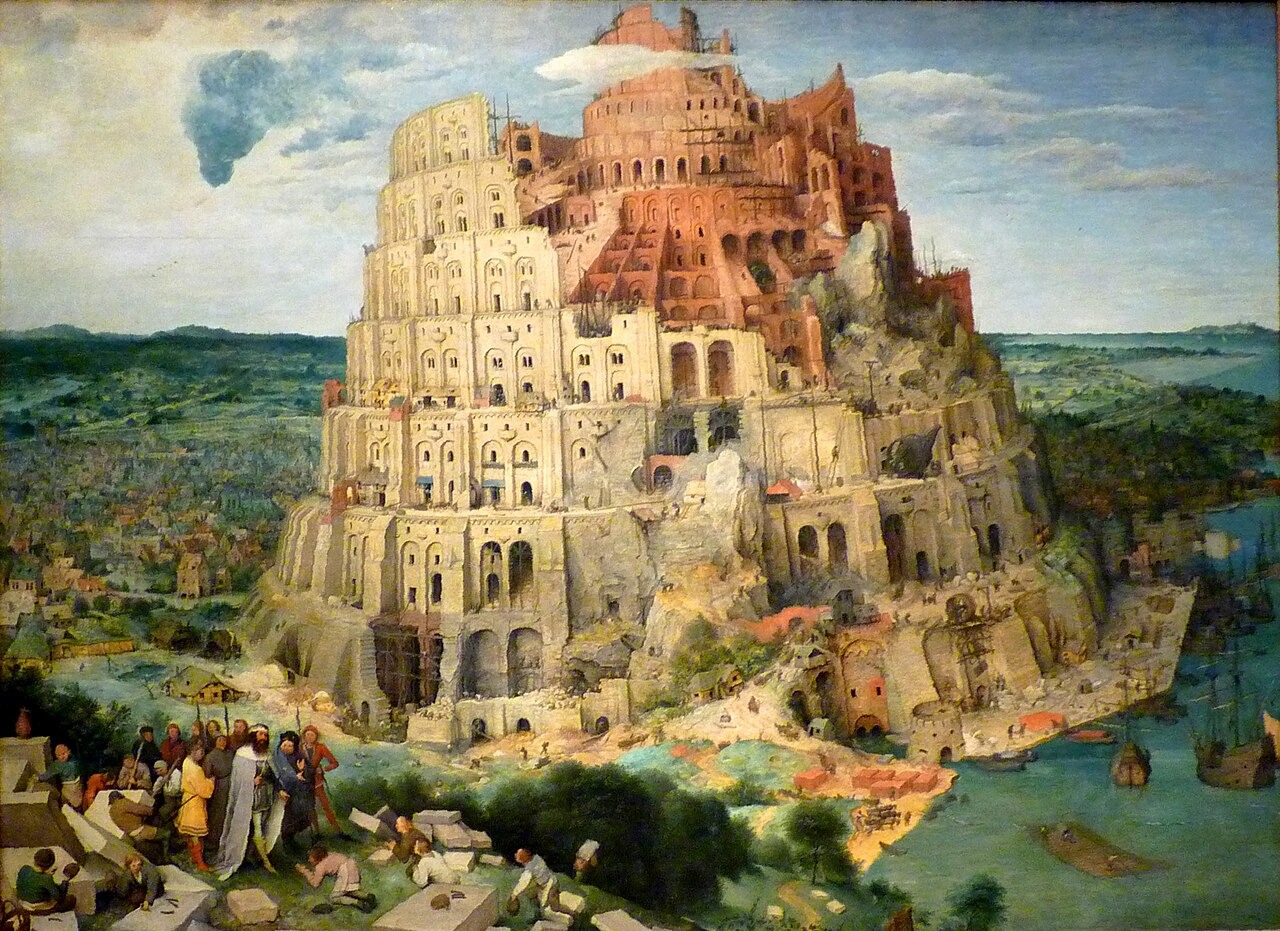 An enormous circular tower rises above a harbour, with exposed arches, workers and unfinished upper levels.