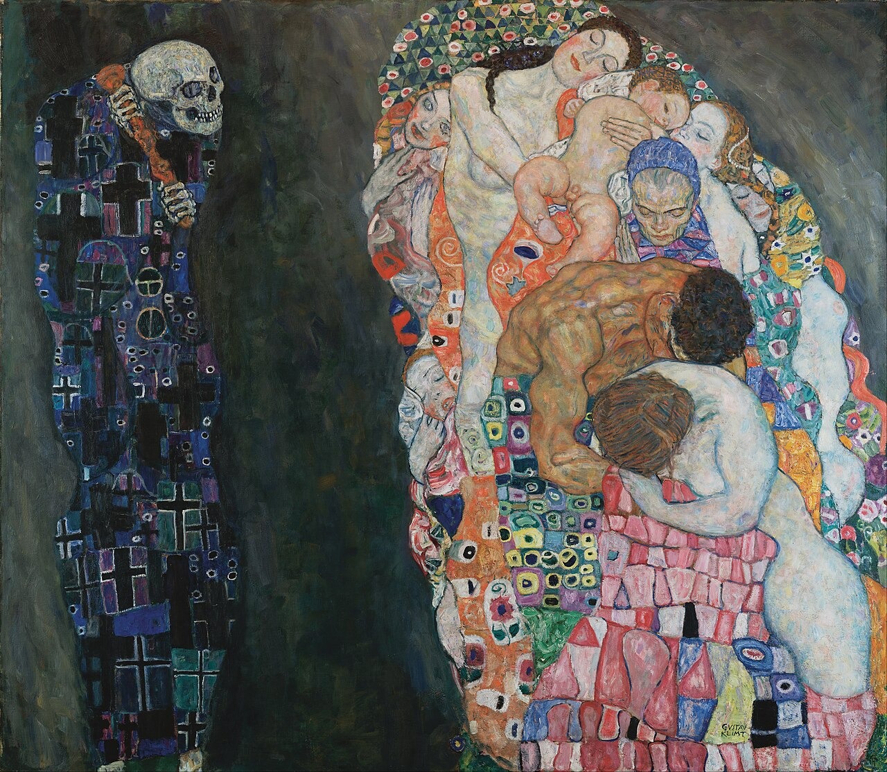 A dark skeletal figure faces a brightly patterned group of sleeping and embracing people.