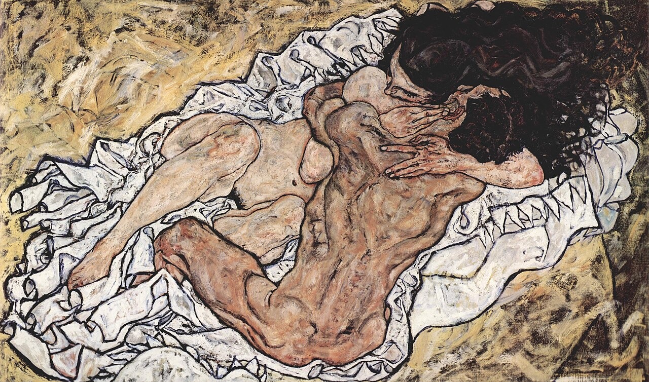Two nude lovers lie entwined on a rumpled white sheet, with dark outlines accentuating their limbs.