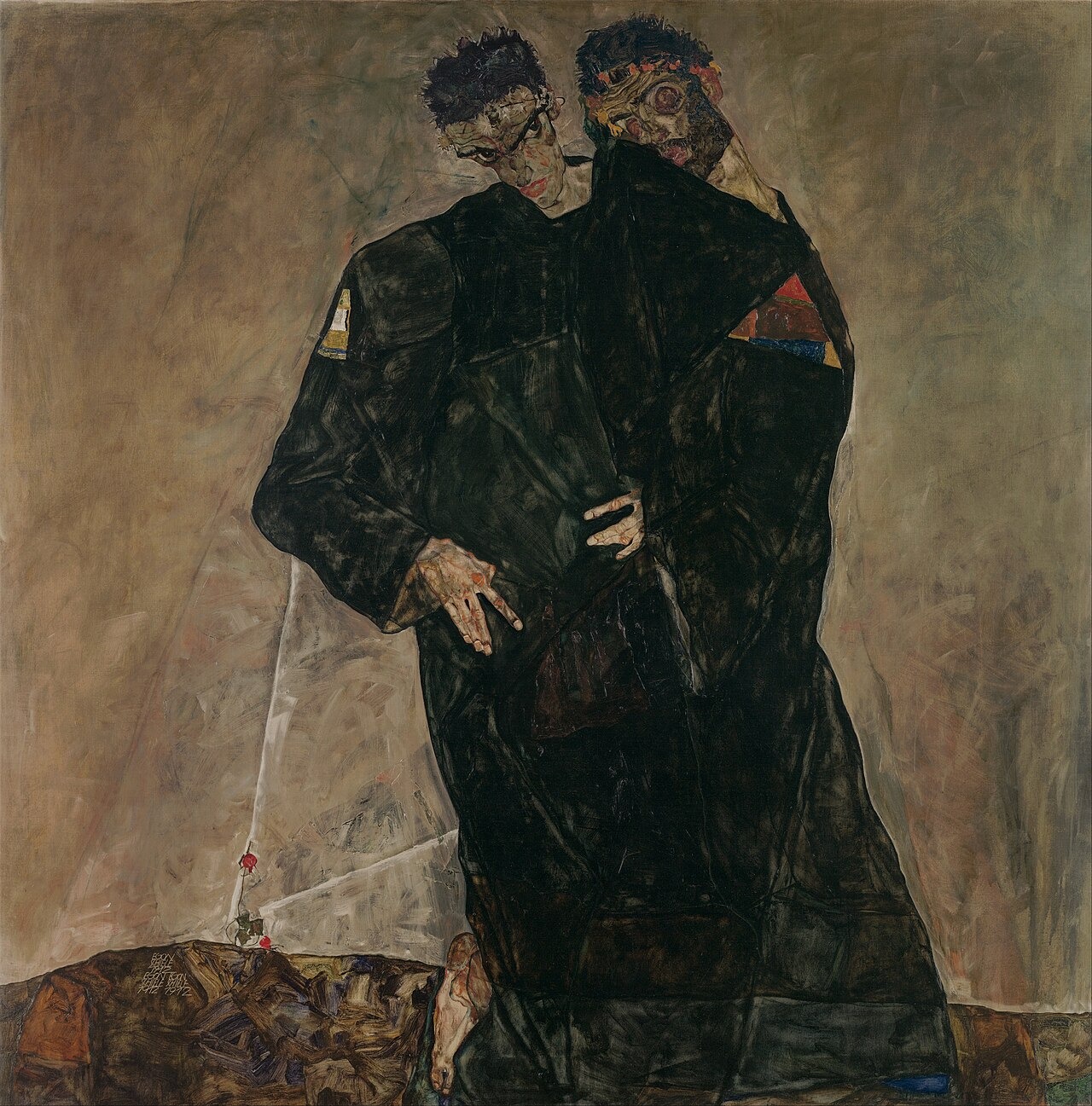 Two closely joined figures in long dark coats stand against a roughly painted pale background.