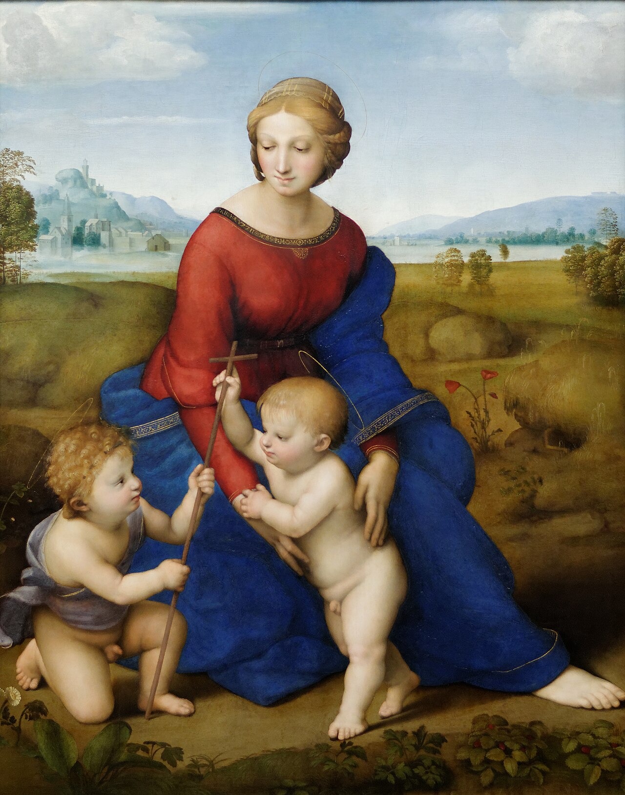 A woman in a red and blue dress sits in a landscape with two small children reaching towards each other.
