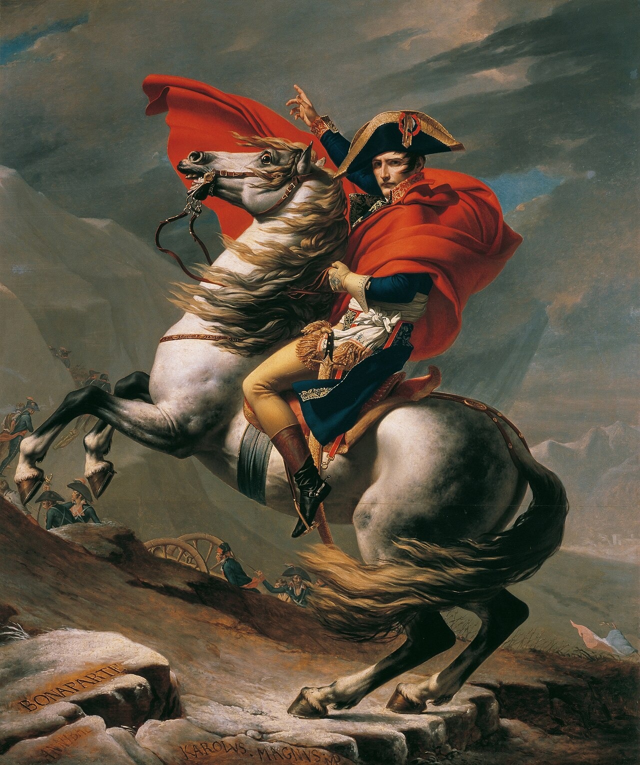 Napoleon in a red cloak rides a rearing pale horse up a rocky mountainside.