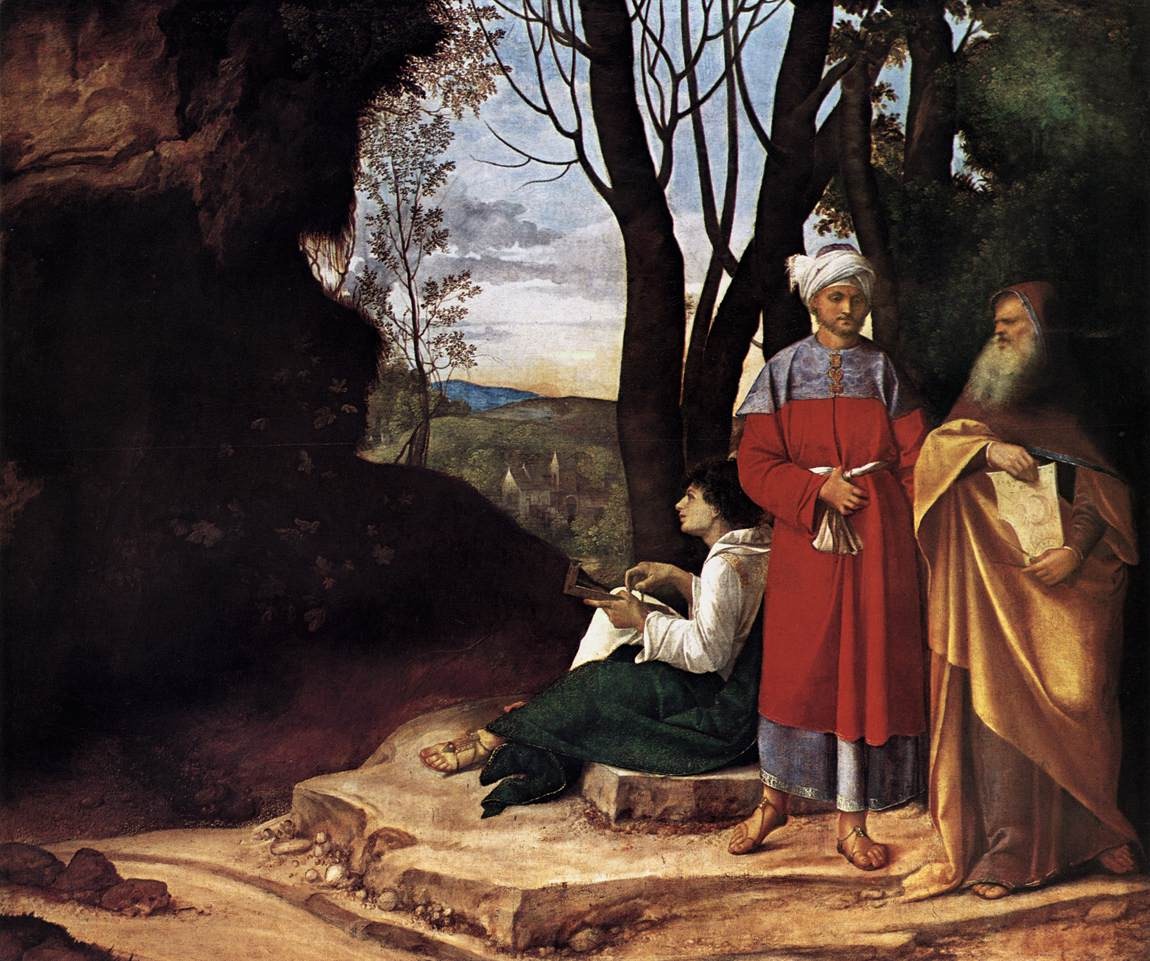 Three men in differently coloured robes stand beside dark trees, a rocky slope and a sunlit landscape.