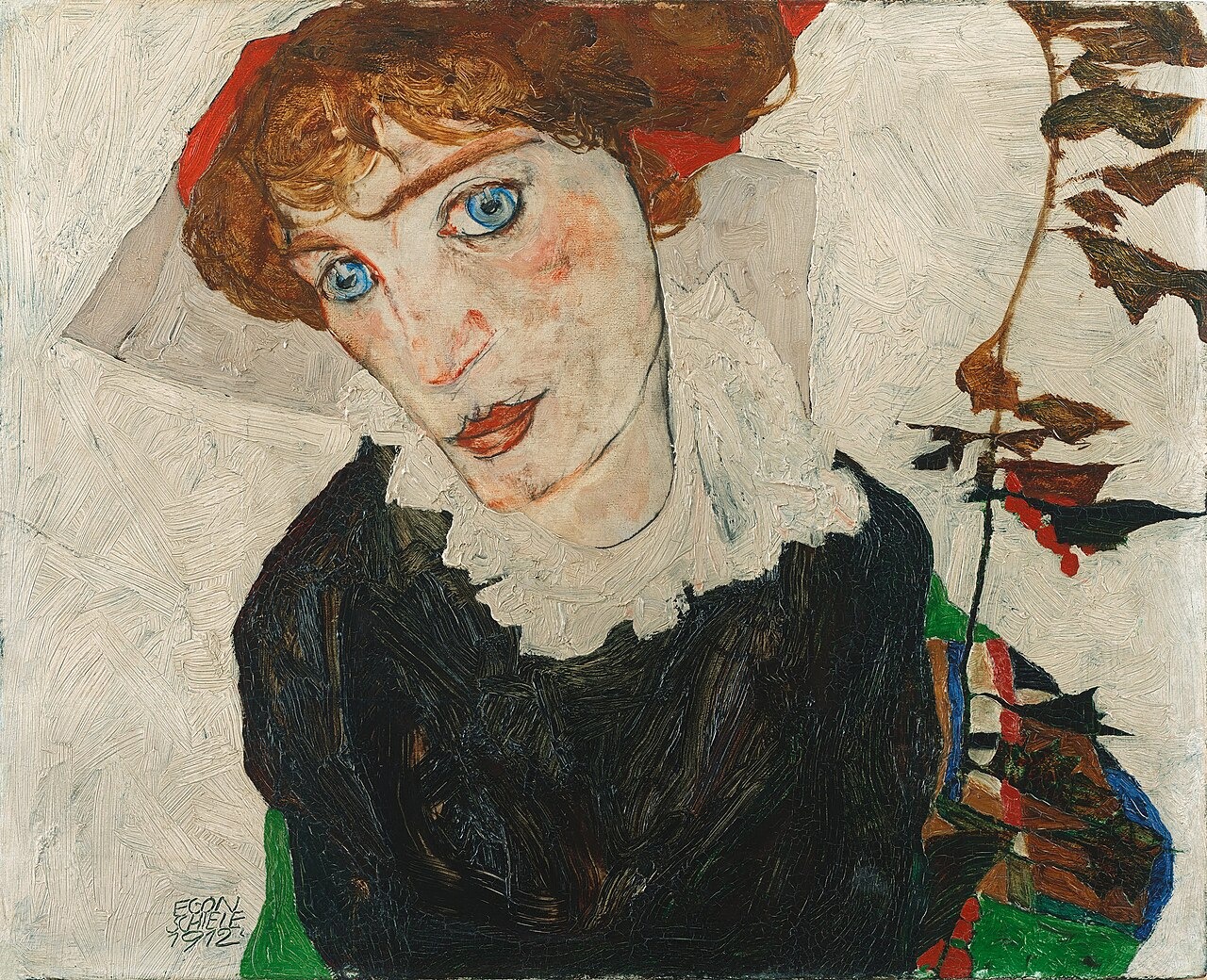 A red-haired woman looks directly outward, wearing a dark dress with a pale scalloped collar.