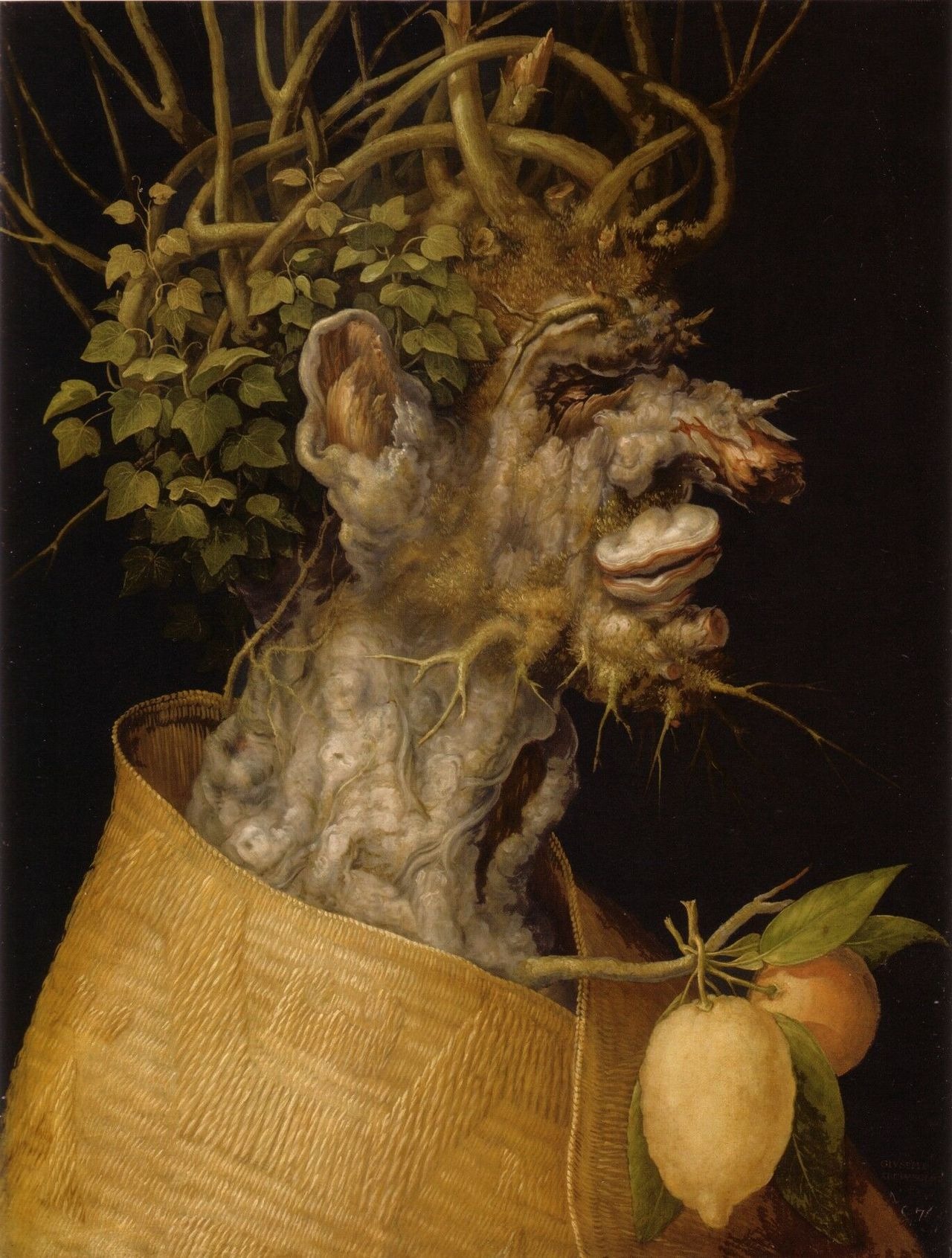 A profile head is formed from a gnarled tree trunk, with roots, ivy and a small citrus fruit.