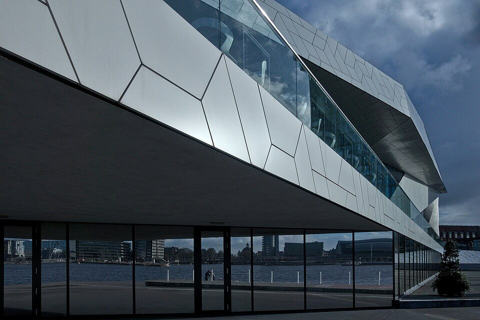 Faceted white cladding and glass walls of Eye Filmmuseum