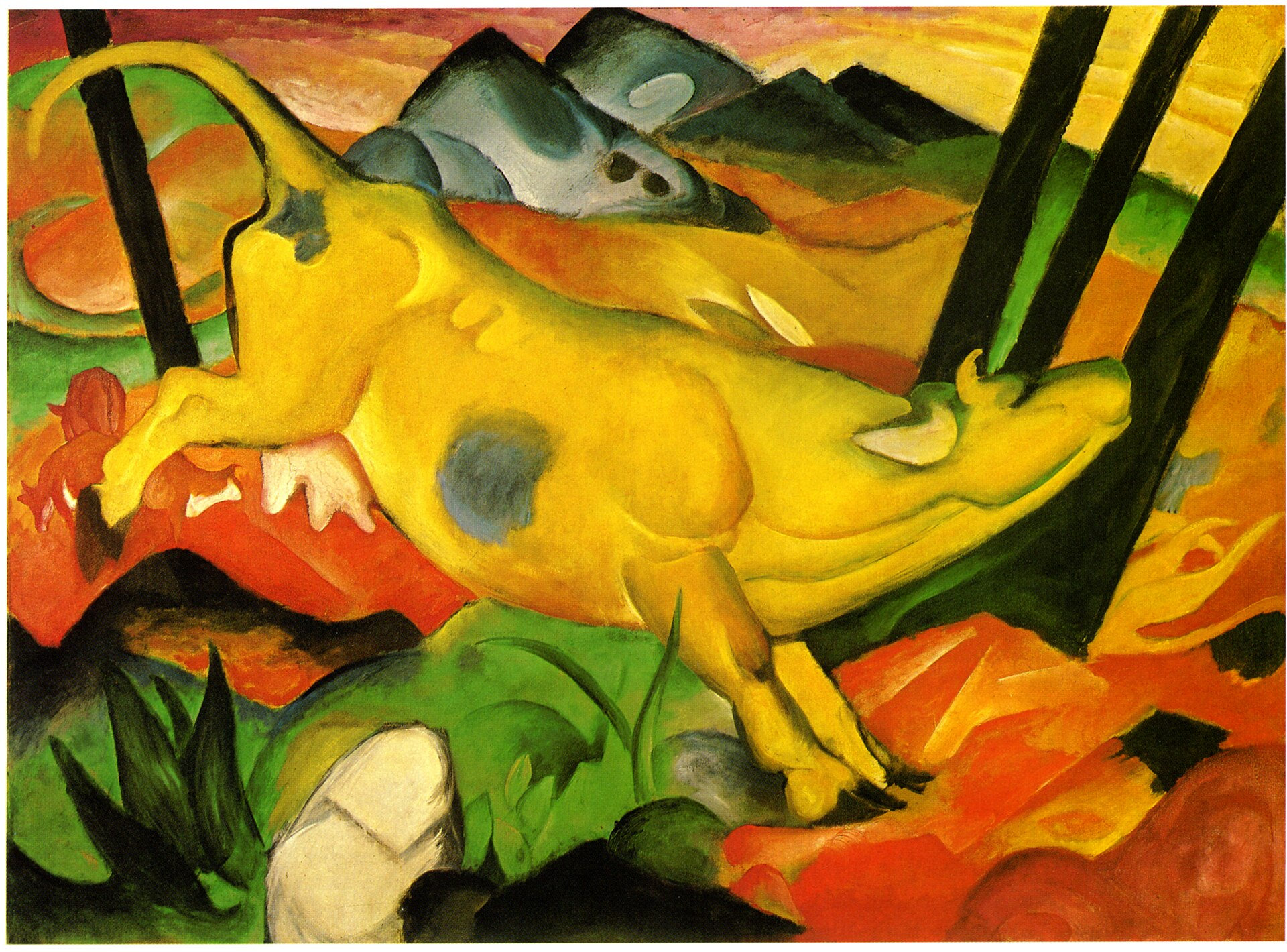 Franz Marc’s Yellow Cow, a leaping yellow cow in a colorful landscape