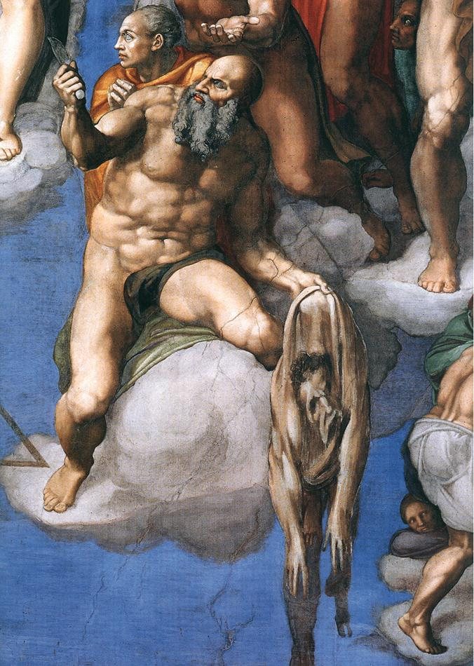 Detail of St Bartholomew holding his flayed skin, whose face is read as Michelangelo's self-portrait.