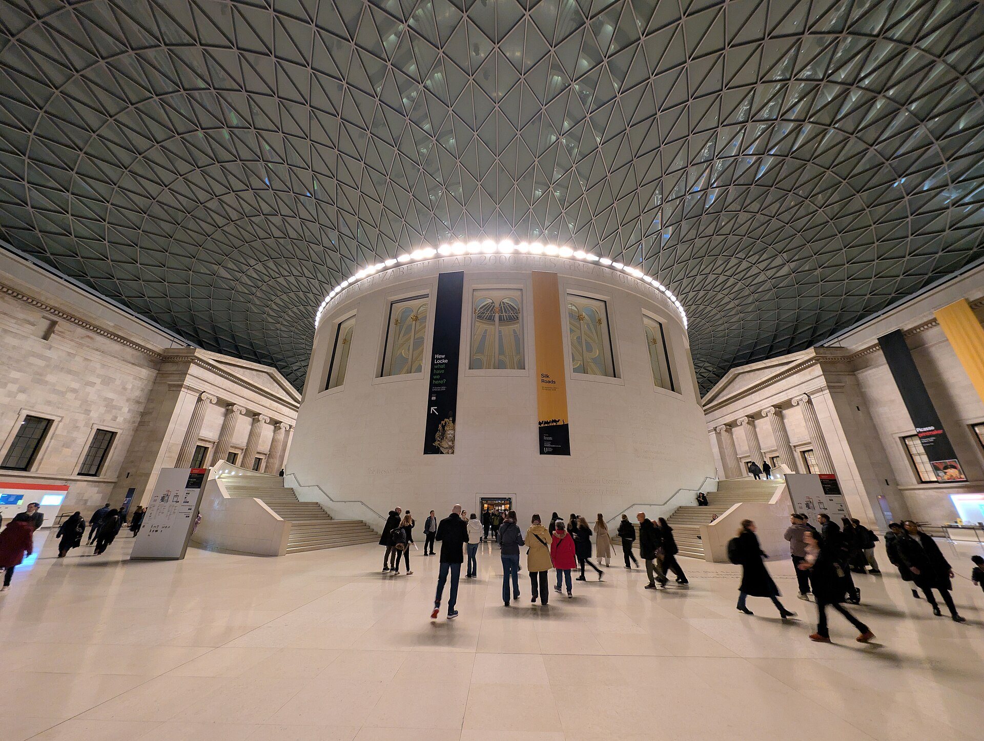 The glass-roofed Great Court of the British Museum around the Reading Room.