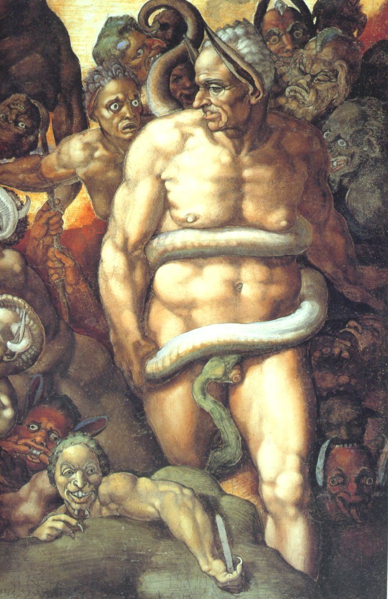 Detail of Minos, judge of the underworld, wrapped in a serpent, in the Last Judgment.
