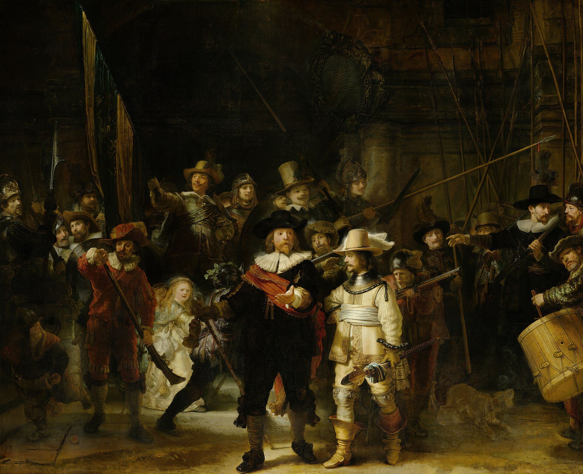 Rembrandt's Night Watch, trimmed on all sides in 1715 to fit between two doors.