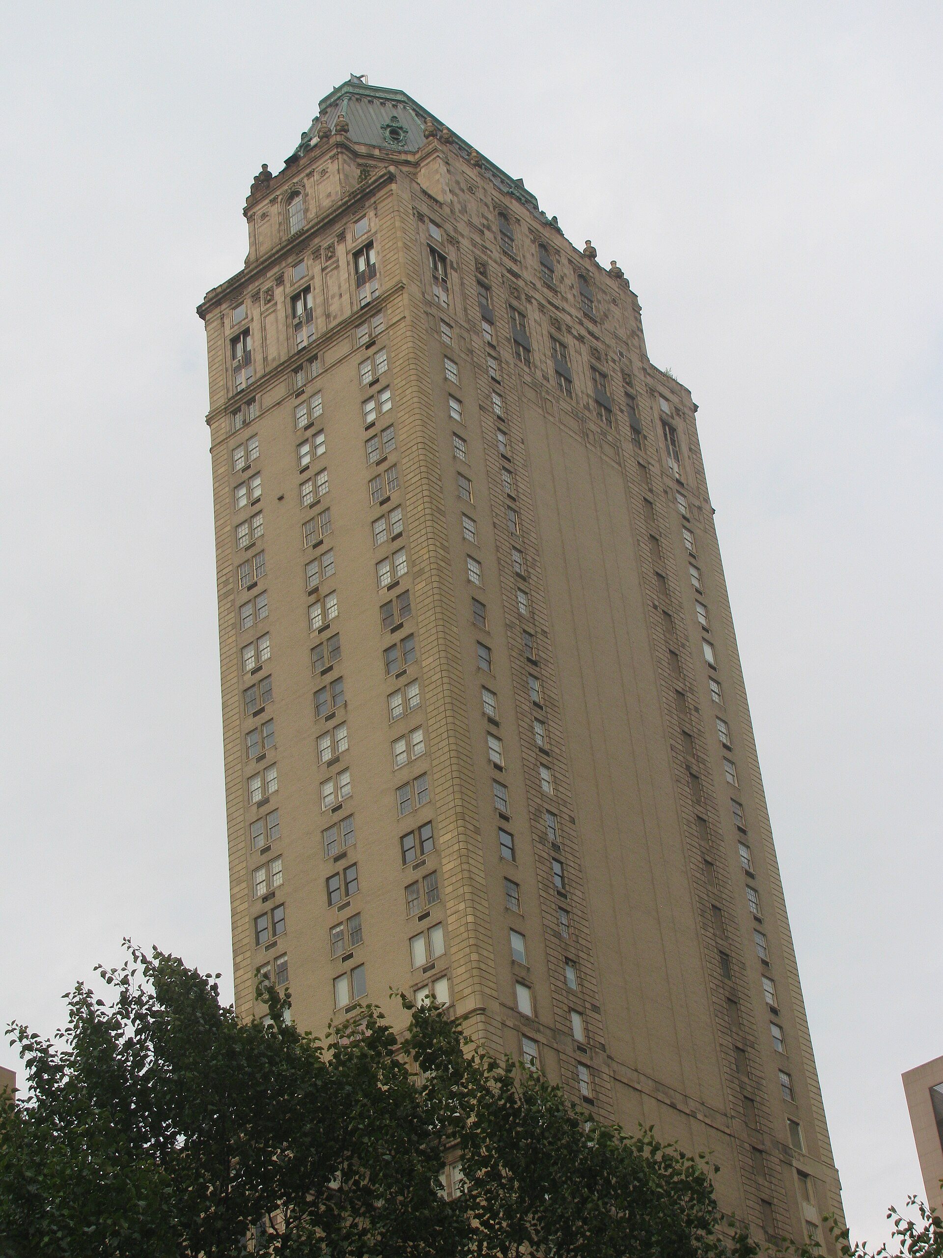 The Pierre hotel tower on Fifth Avenue facing Central Park.
