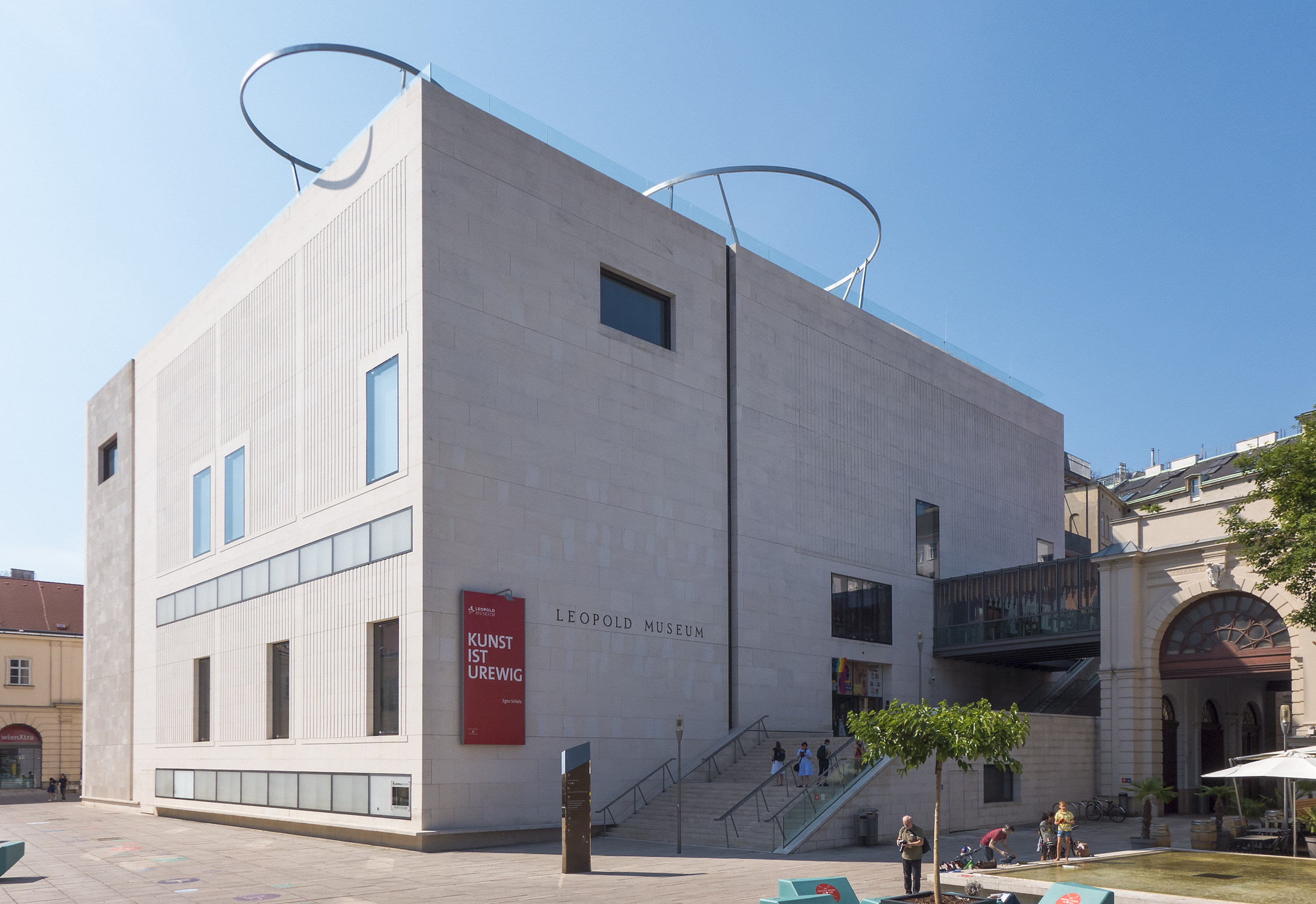 Leopold Museum's pale stone façade and entrance steps in the MuseumsQuartier