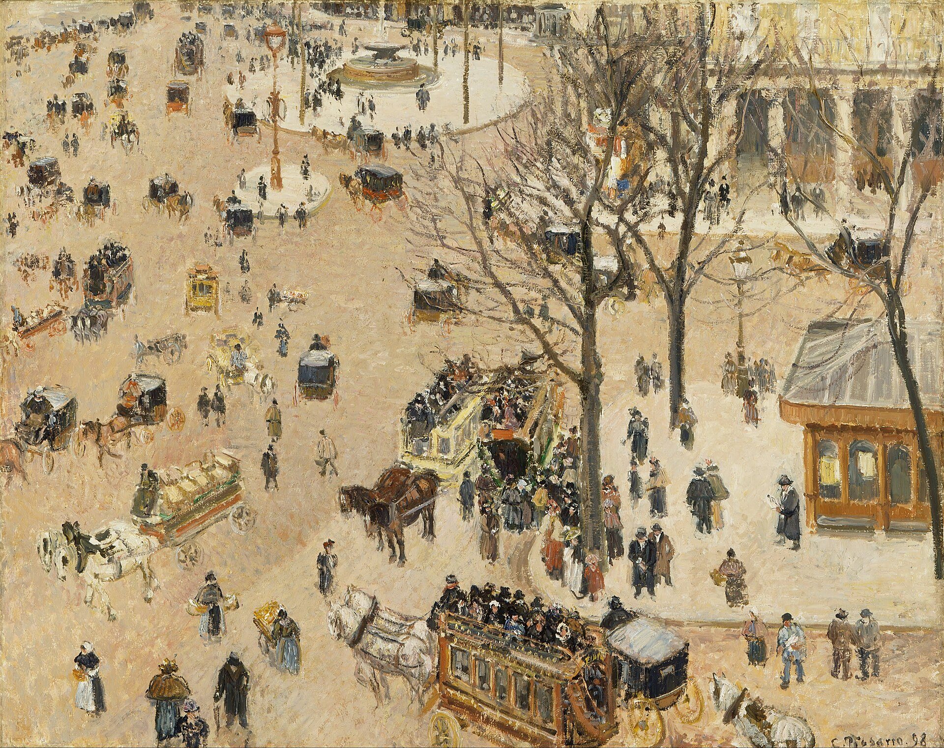 Camille Pissarro painting of the Place du Théâtre-Français seen from above, with carriages, trees and crowds.