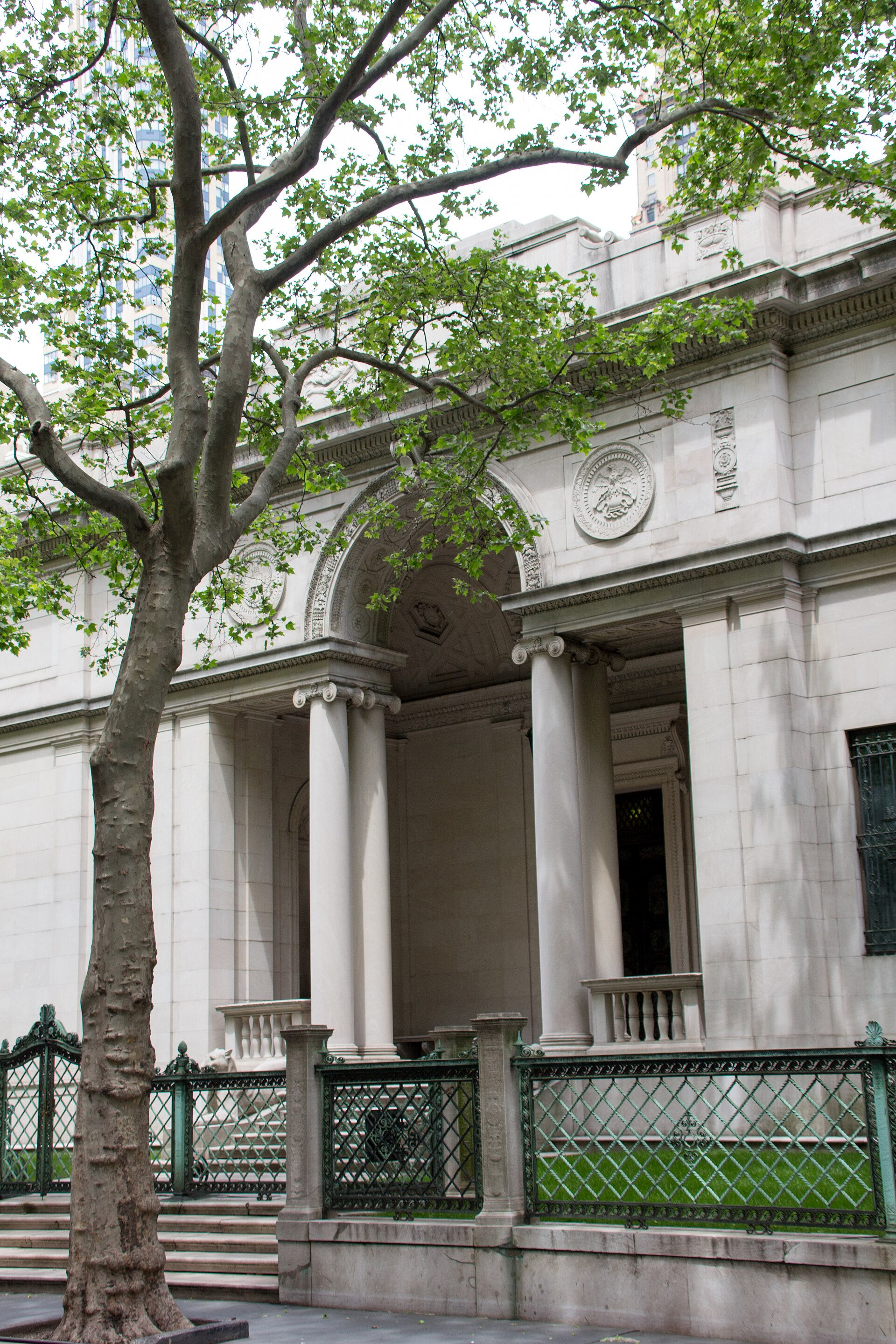 Stone entrance and columns of the Morgan’s original library building