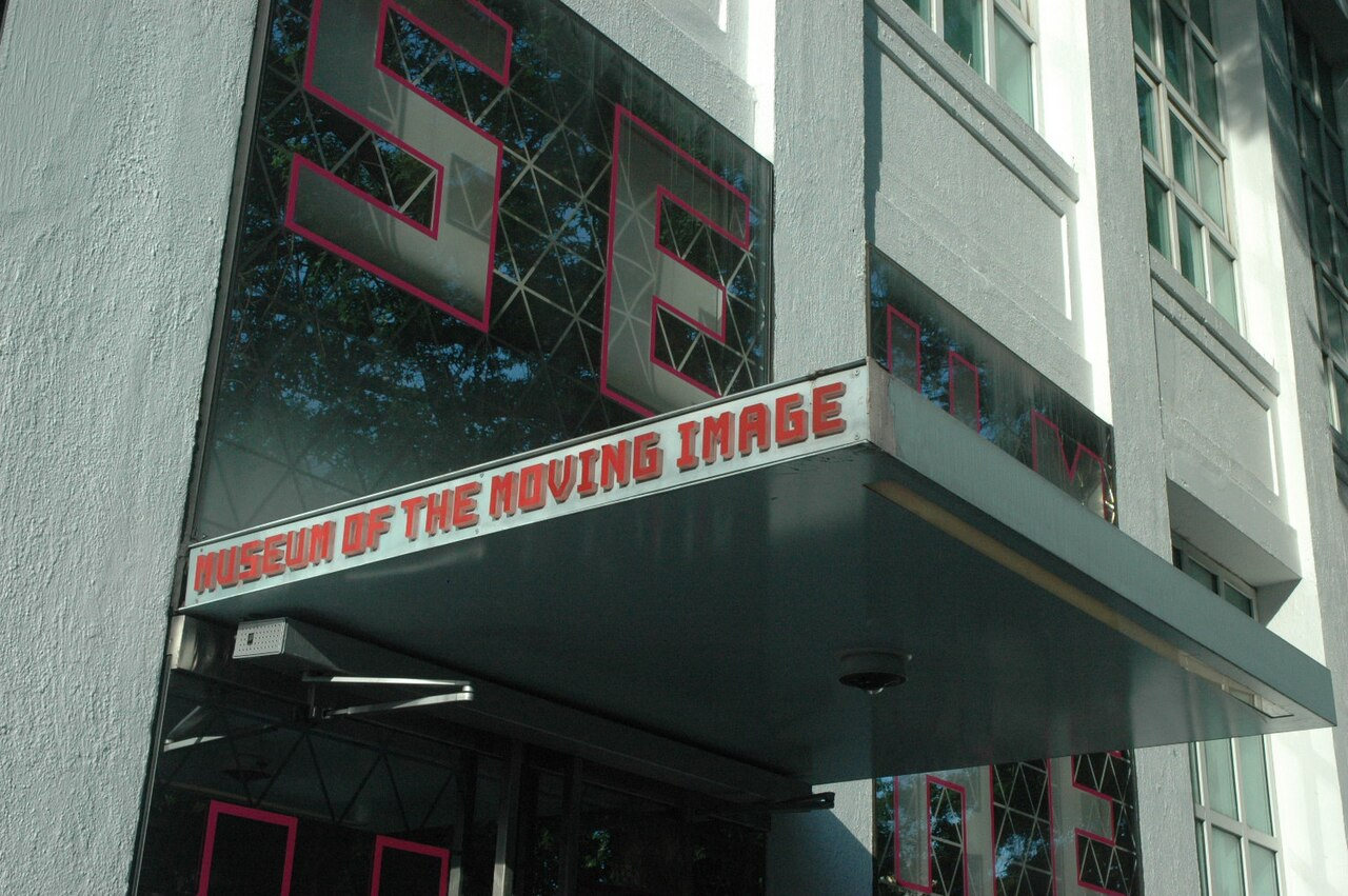 Angled entrance marquee reading Museum of the Moving Image