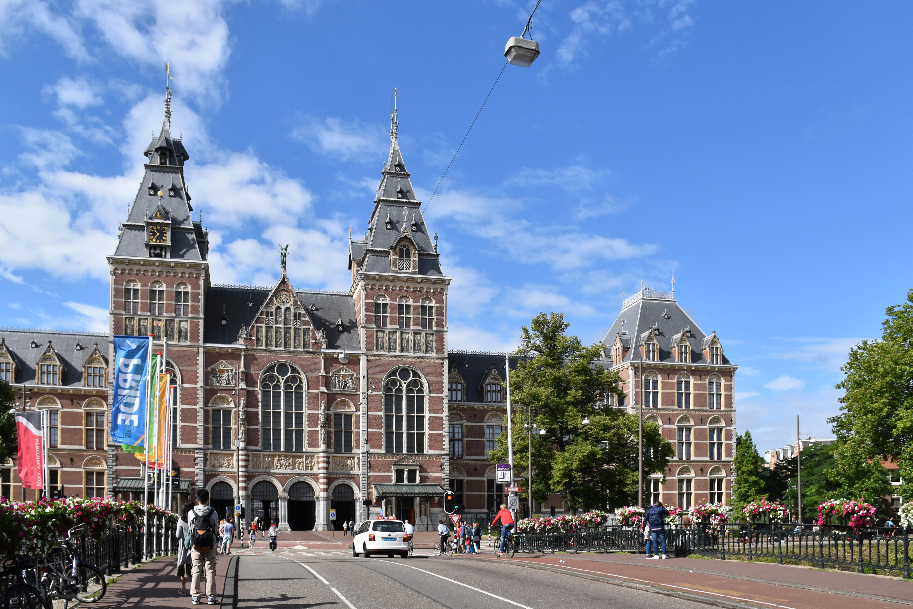 Rijksmuseum’s north façade and twin towers across the street on a sunny day